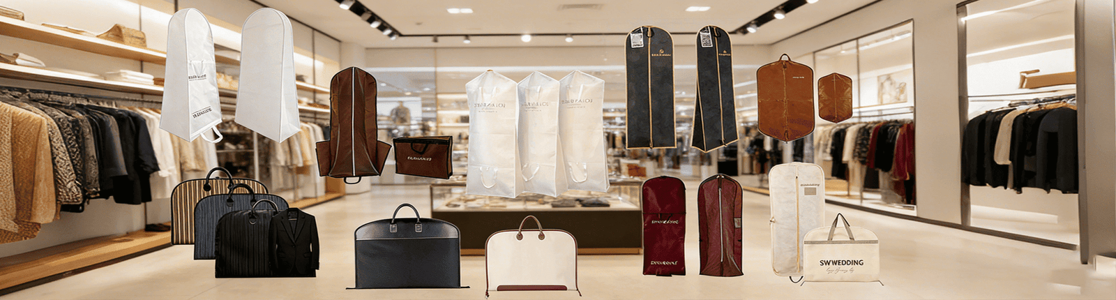 Wholesale custom garment bags manufacturer for suits, wedding dresses and travel, with custom logo options for clothing brands