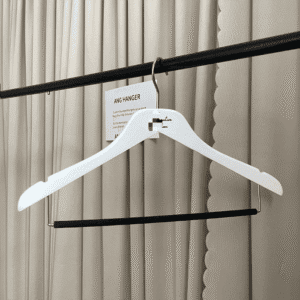 Wood shirt hangers wholesale (front view) | White wood hanger with velvet pants bar