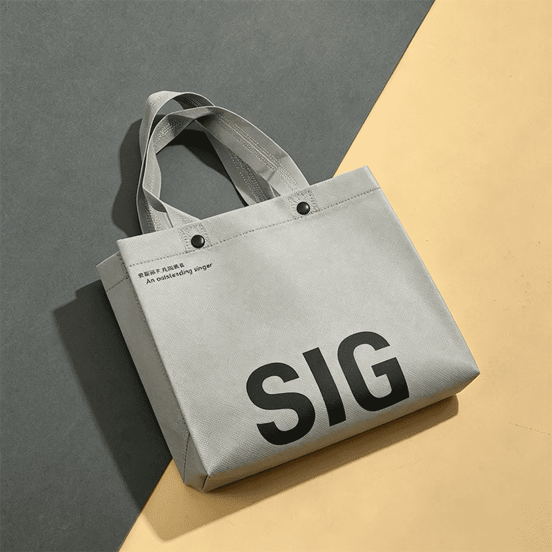 Custom Light Gray Non Woven Bag with Snap Button & Custom Logo | Reusable Tote Bag