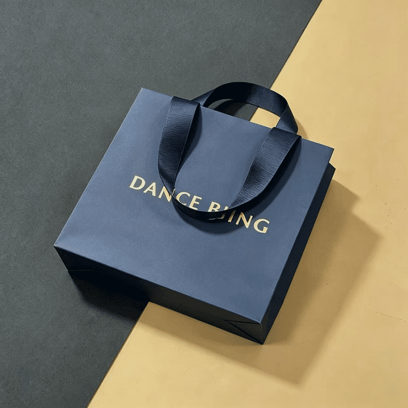 Custom Navy Blue White Cardstock Paper Shopping Bag | Luxury Packaging Bag with Gold Foil Logo