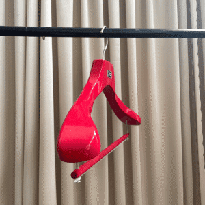 Custom red wooden hangers with velvet trouser bar for suit shops