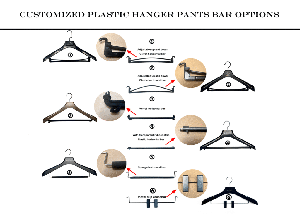 Custom plastic hanger pants bar options: 6 types including adjustable velvet/plastic bars, sponge bar, metal clip crossbar, for wholesale custom plastic hangers with custom logo