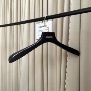 Alt Text：Black wooden coat hangers (side view) | 44x3cm solid wood hanger with gold hardware