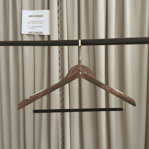 Wood shirt hangers wholesale (front view) | Dark brown lotus wood hanger with velvet pants bar