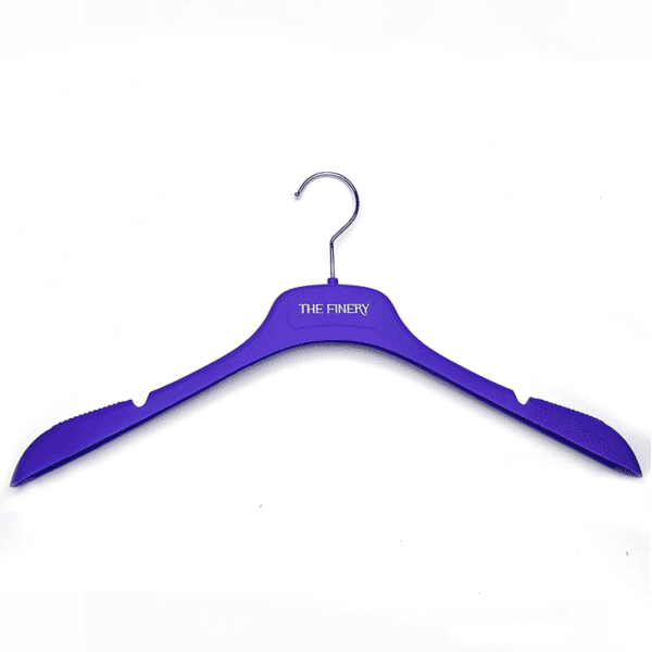 Purple custom plastic shirt hanger with printed brand logo for apparel retail stores