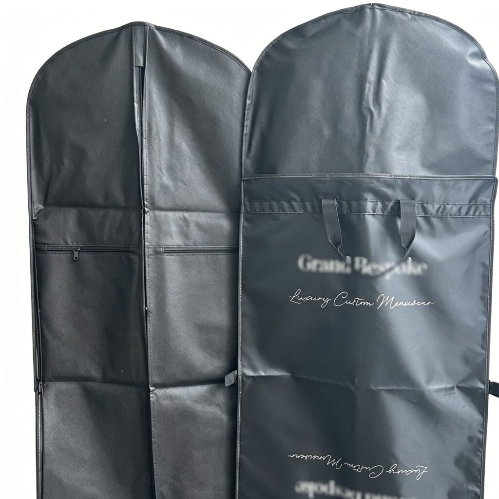 Two black folding garment bags with carry handles and custom printed brand logo, travel-friendly suit dust covers with zipper pockets for menswear brands and bespoke tailors