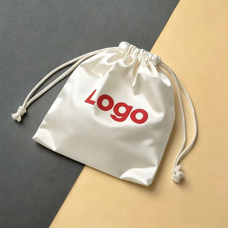 Custom White Satin Drawstring Dust Bag with Red Logo | Luxury Protective Storage Bag for Brand Packaging