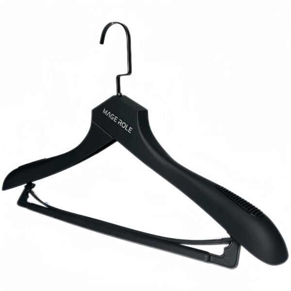Black wide shoulder heavy duty plastic hanger with non-slip shoulder ridges, integrated trouser bar and custom engraved brand logo, durable coat hanger with metal hook for heavy outerwear