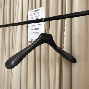 Coat wooden hangers (front view) | 5.5cm wide shoulder black hanger with chrome square hook