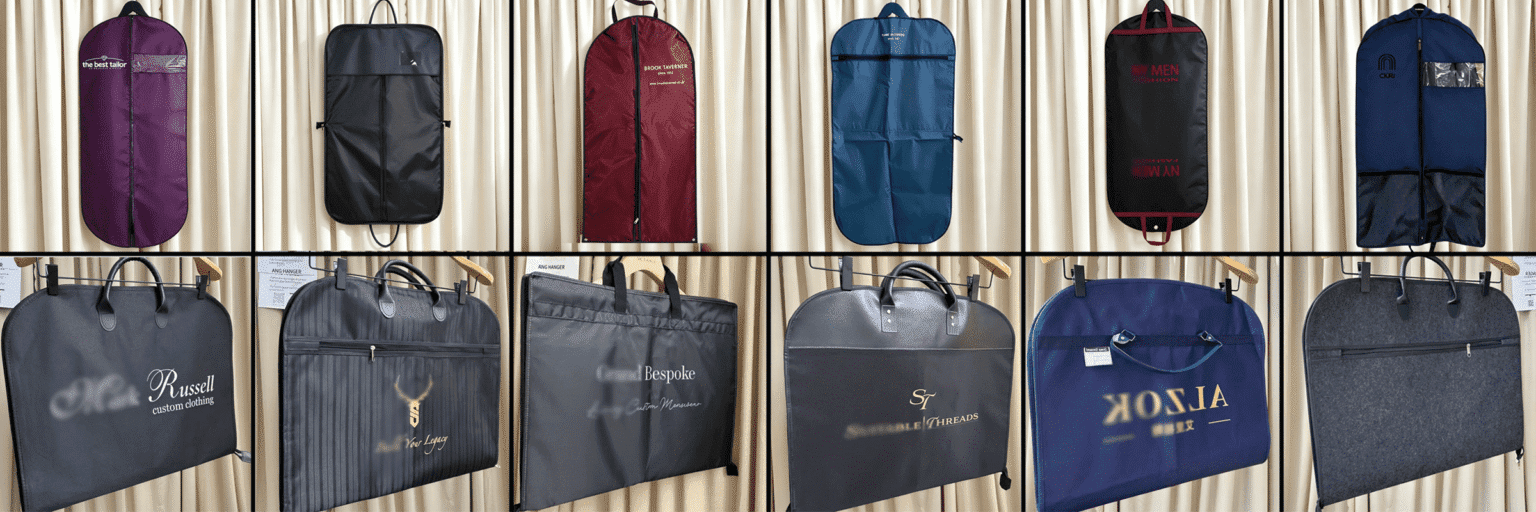Custom travel suit garment bag samples with handles/shoulder straps, wholesale custom logo for business travel, tailors and men’s apparel brands
