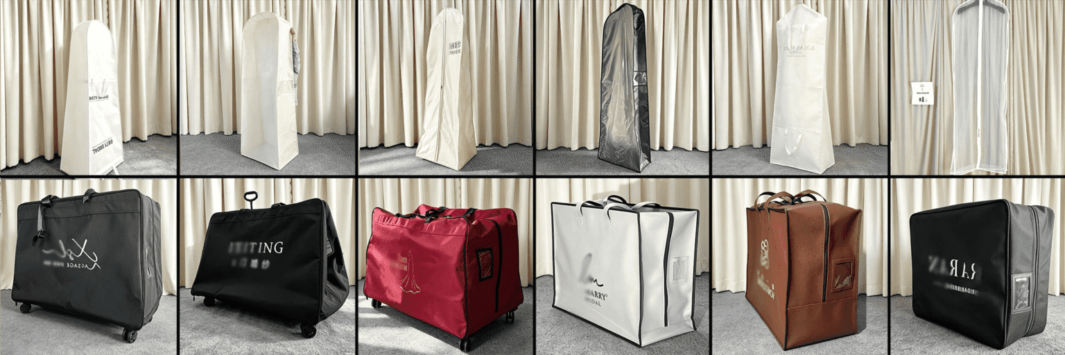 Custom long garment bag samples for wedding dresses & bridal gowns, including wheeled storage bags, wholesale custom logo for luxury bridal boutiques