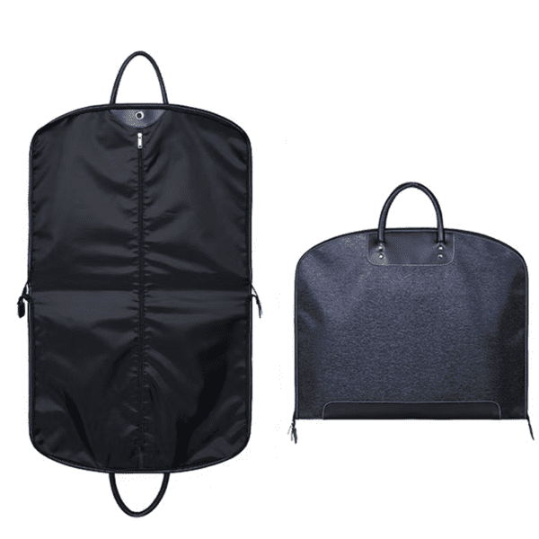 2-fold folding garment bag shown in full hanging and folded carry states, black travel suit cover with dual carry handles and center zipper for business trip suit protection