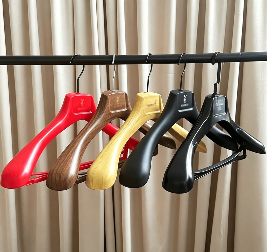 Set of plastic suit hangers with custom logos in multiple colors and wood-grain finishes for clothing retail brand displays
