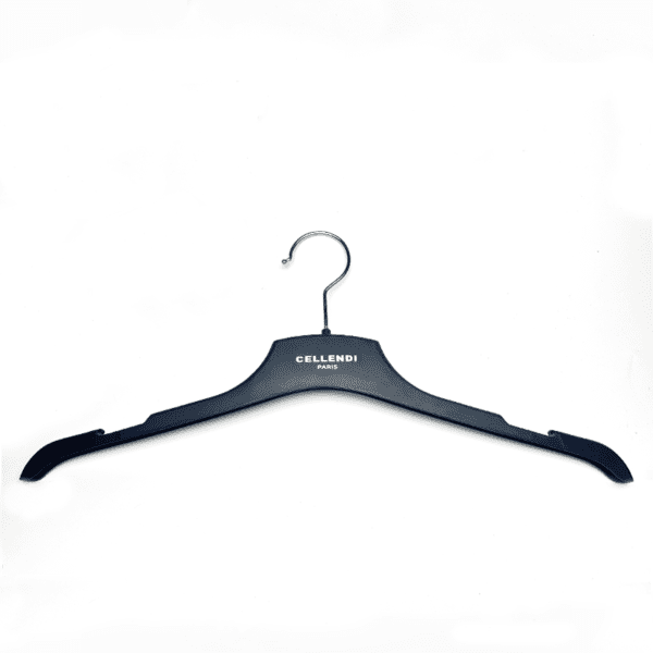 Black custom plastic shirt hanger with printed brand logo for apparel retail stores