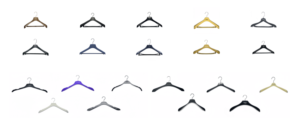 Various custom plastic shirt hangers with brand logos for clothing retail stores