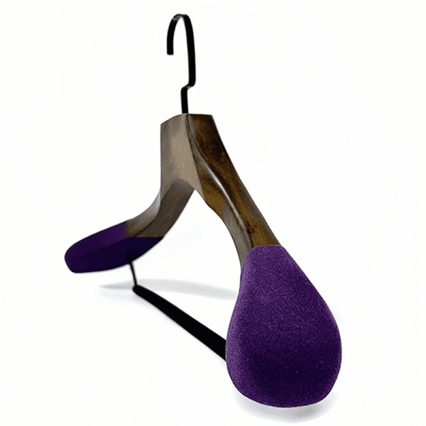 Custom heavy duty wooden coat hanger with thick solid wood construction, purple velvet non-slip shoulder pads and black metal hook, premium suit hanger for luxury menswear brands