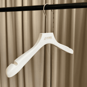 Wooden wedding dress hanger (side view) | 39cm matte white hanger with chrome round hook