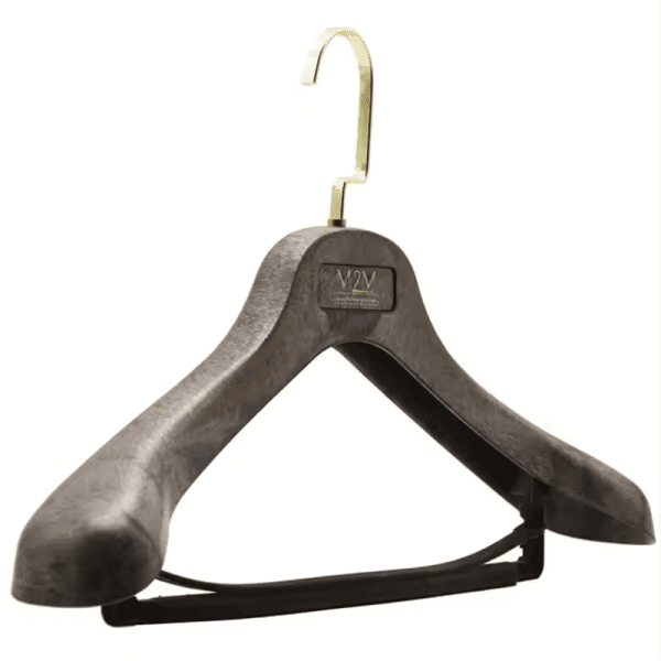 Wood-grain wide shoulder heavy duty plastic hanger with gold metal hook, integrated pant bar and custom logo plate, durable thick frame coat hanger for heavy winter outerwear and wool coats