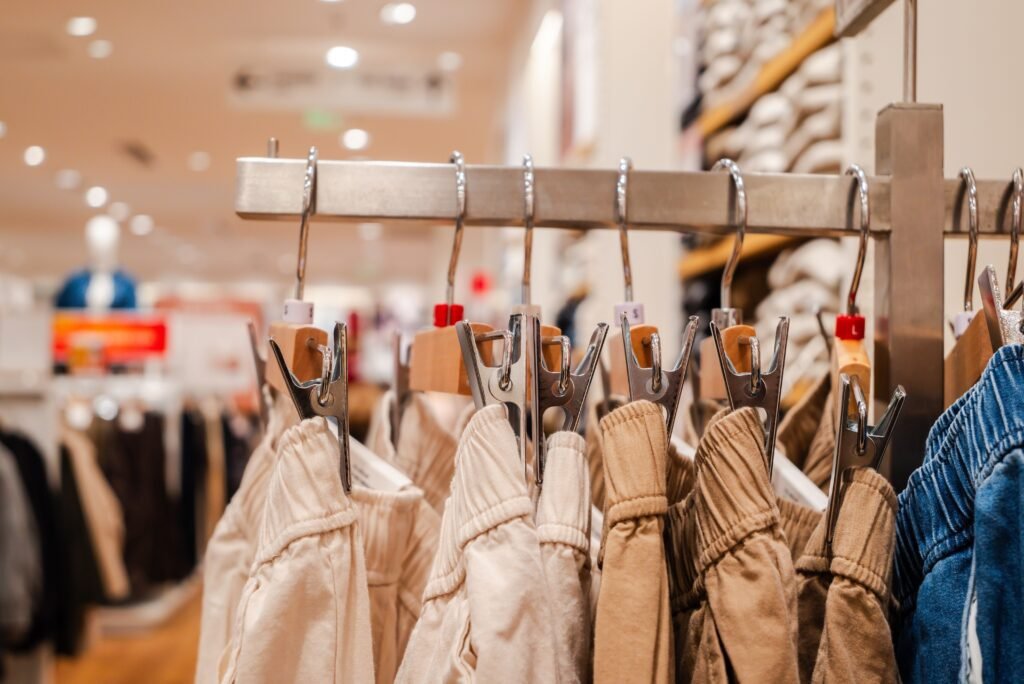 Customized wooden clip hangers displaying pants and skirts in a luxury fashion boutique