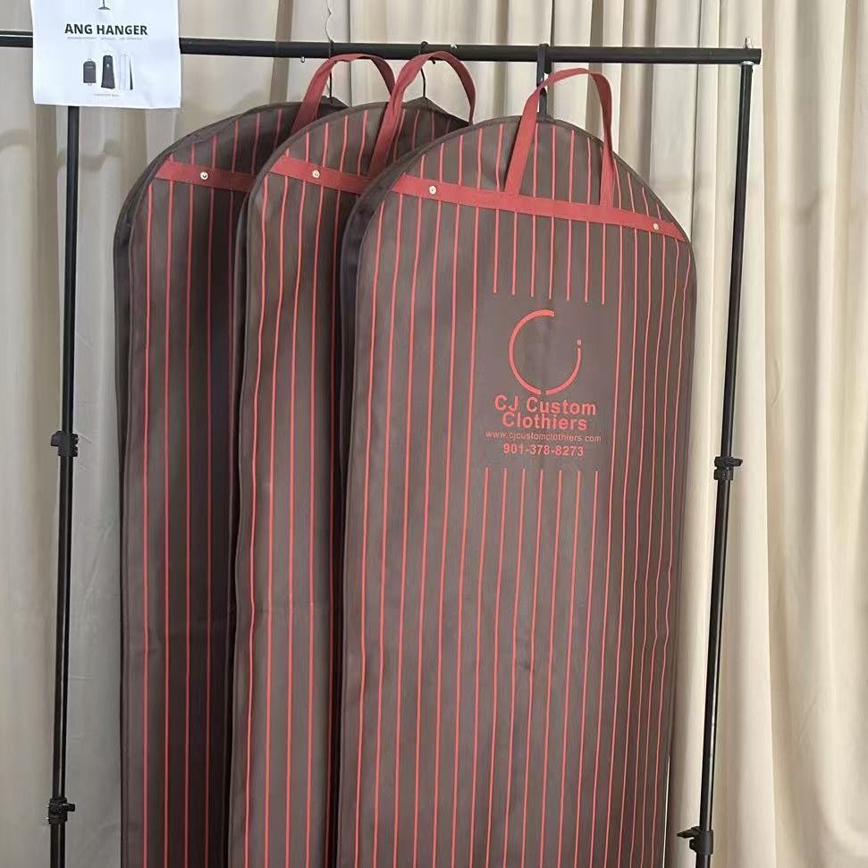 Striped hanging clothes bags wholesale with custom printed text logo, durable garment cover bags with carry handles for apparel brands