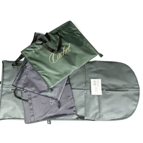 Assorted custom logo suit covers in green and gray with custom branding for apparel brands and retail stores