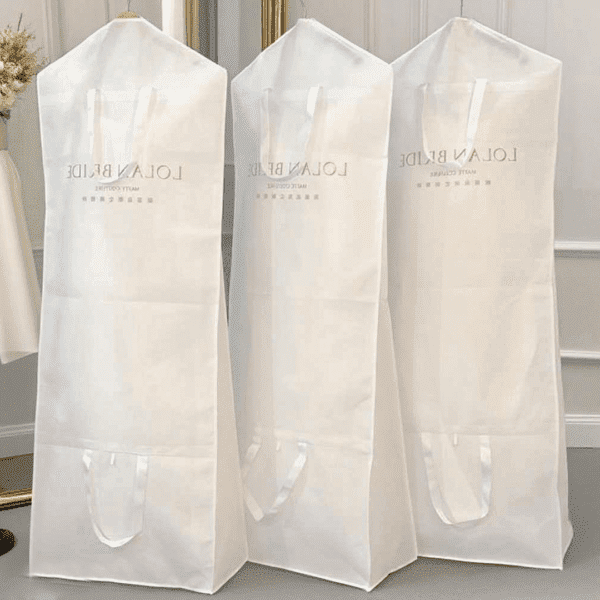 White custom wedding dress bags with printed brand logo, wholesale long bridal garment bags for boutiques
