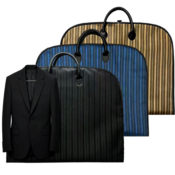 Striped garment bags for clothes wholesale in black, blue and brown, durable suit cover bags with carry handles for apparel brands and retail stores