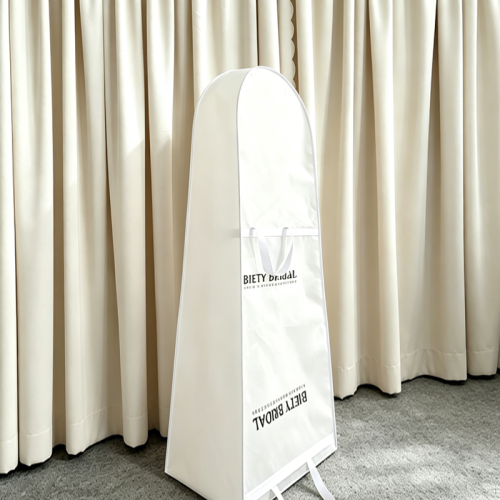 White custom wedding dress bag with printed brand logo, wholesale standing bridal gown cover for bridal boutiques